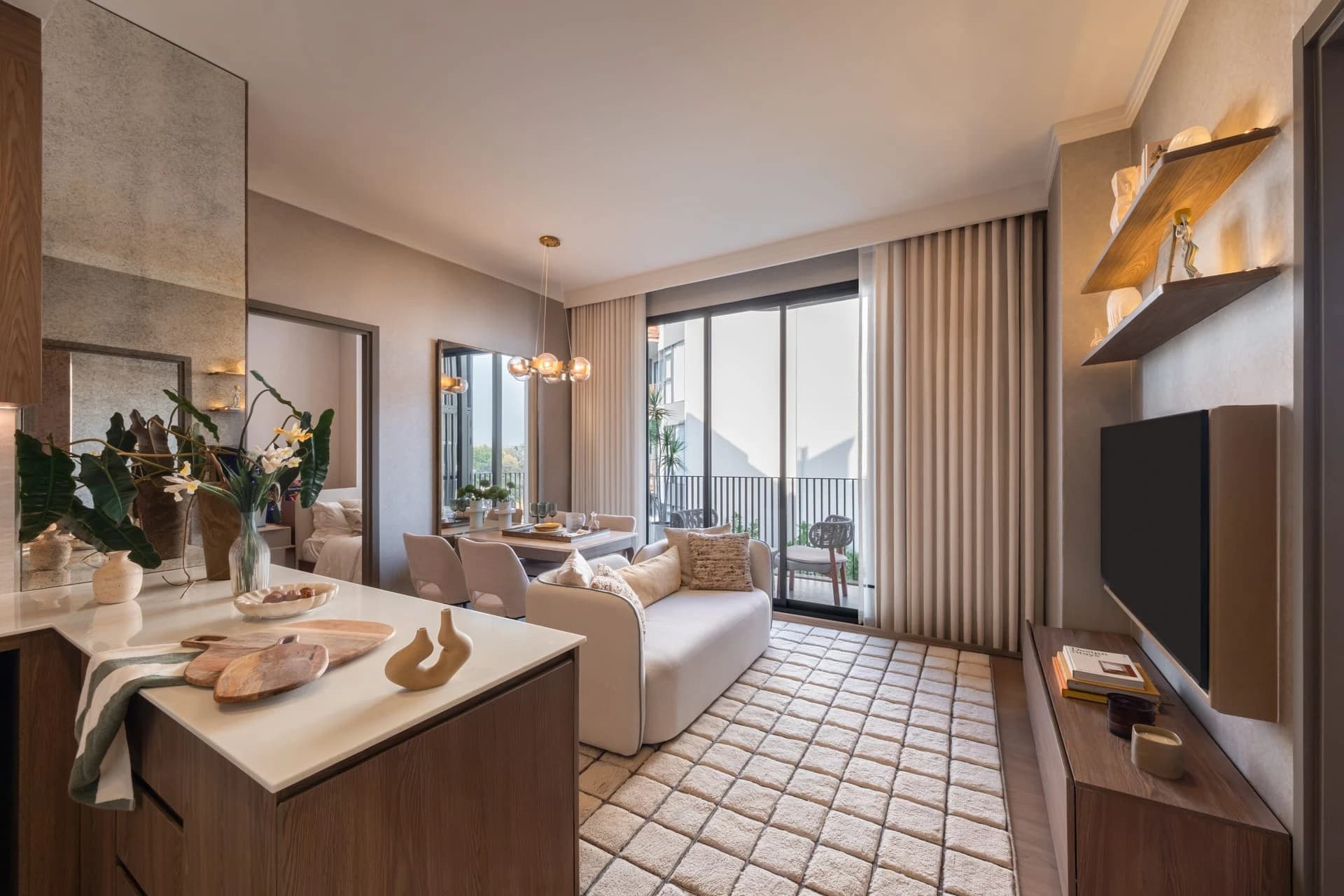 Two-bedroom show unit: the living room with the balcony