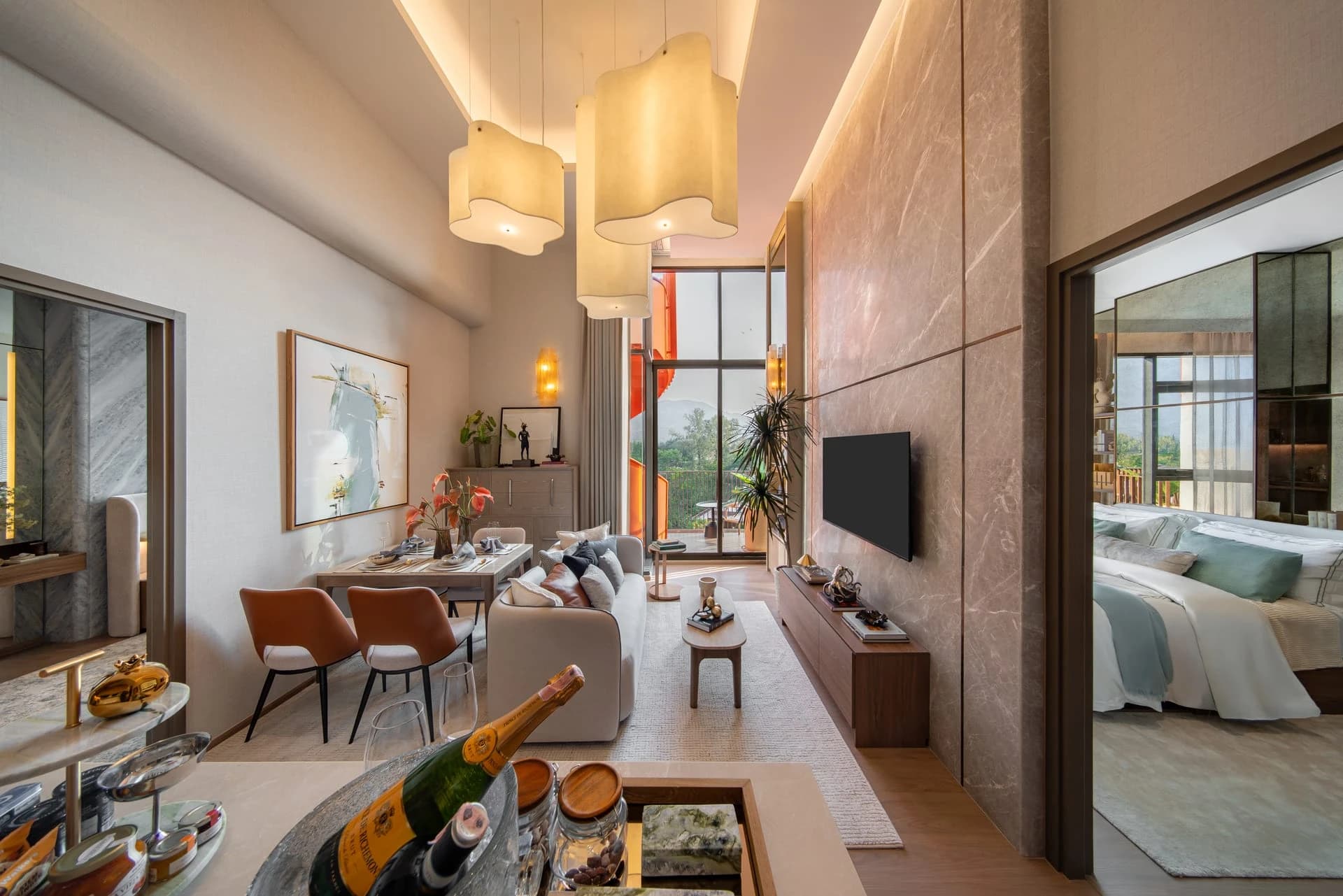 One-bedroom show unit: living, dining and the kitchen counter